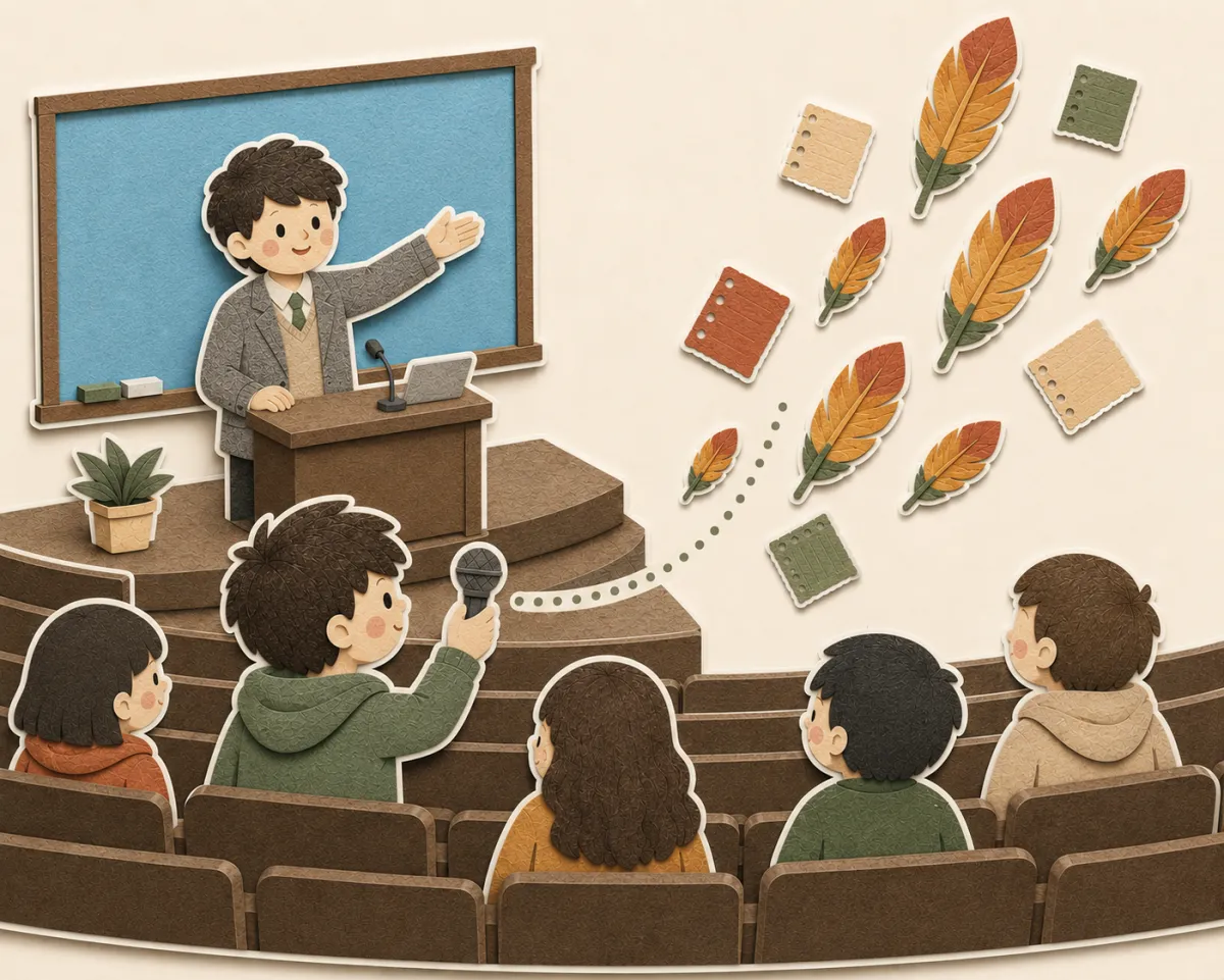 Paper-craft scene of a student in a tiered lecture hall holding up a microphone while an instructor teaches at the lectern, with paper feathers and note cards lifting from the mic.