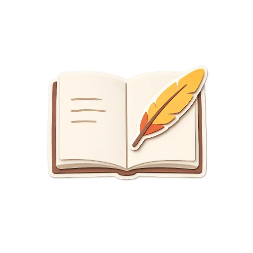 Paper-craft cutout of an open notebook with a marigold feather resting on the page.